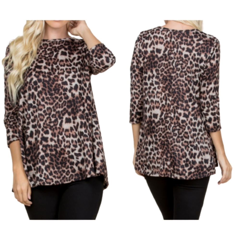 Riah Fashion Animal Print Knit Blouse High Neck NEW 3/4 Sleeves Cheetah Leopard